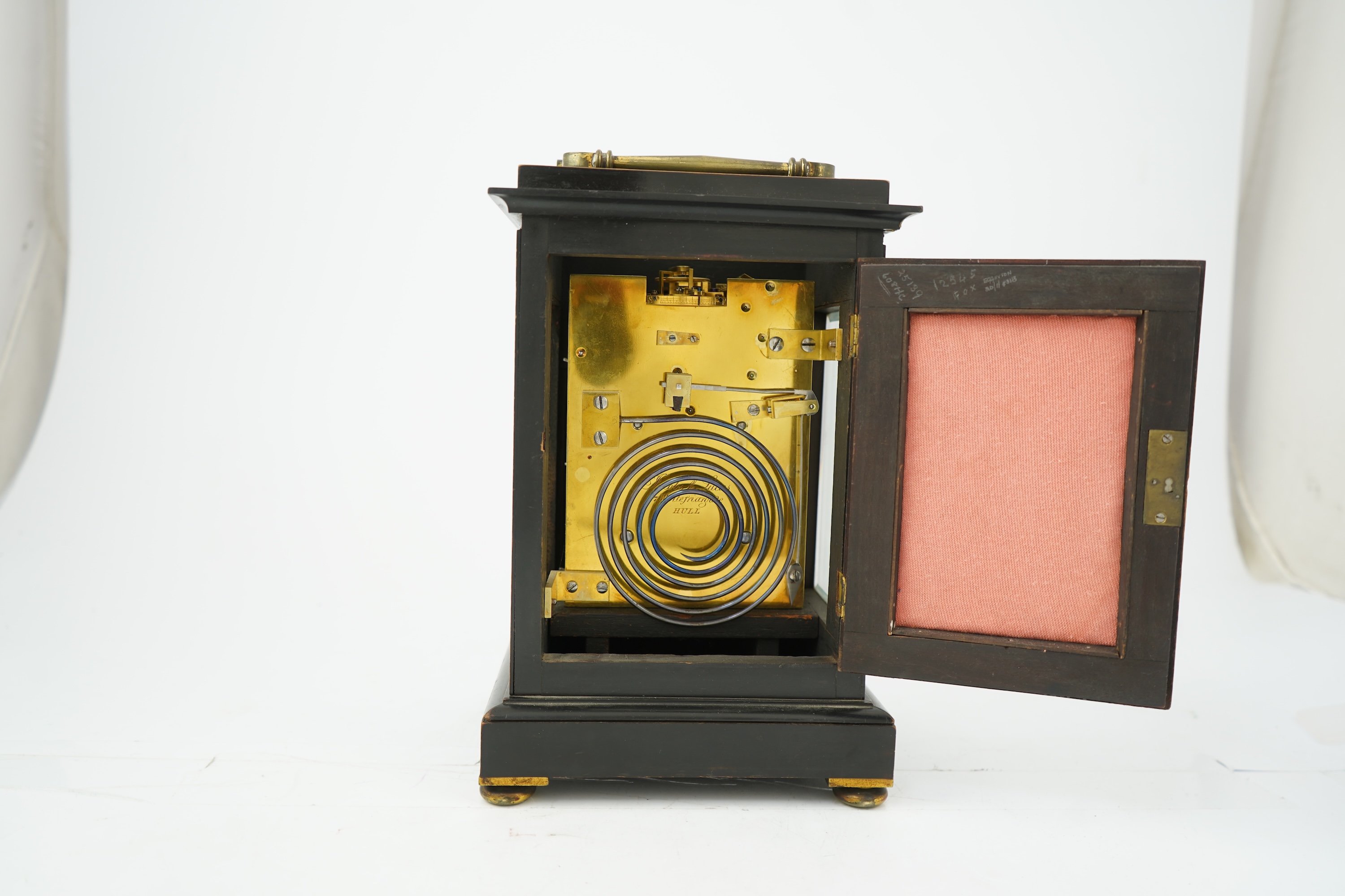 A mid-19th century ebonised double fusee mantel clock by Jacobs and Lucas, 7, Whitefriargate, Hull